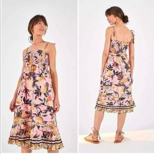 Farm Rio Pink Pineapple Tiered Smocked Midi Dress Sz XS
